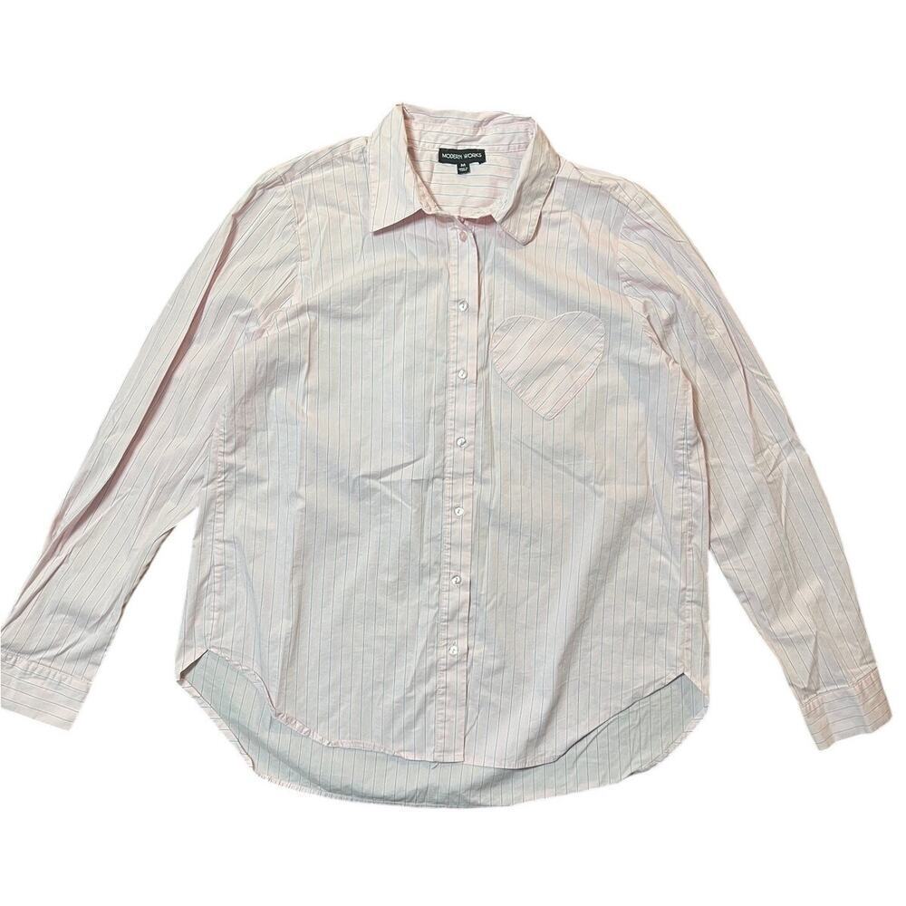 Modern Works Pink and Blue Pinstripe Button Up Heart Pocket Size Medium